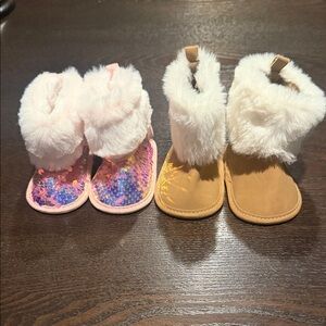 Furry Sequin Kids Boots - Pink and Tan